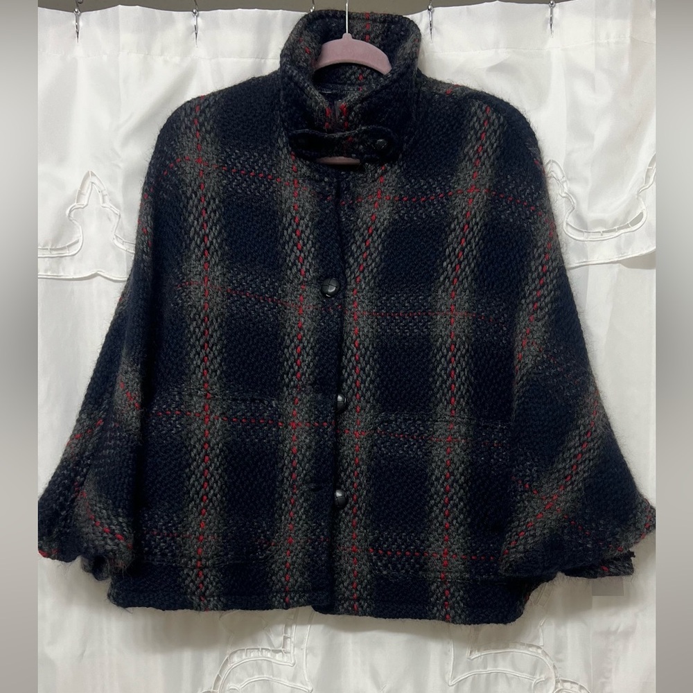 John Branigan Wool Plaid Cape Jacket | Made in Ireland | Navy Gray Red | OS